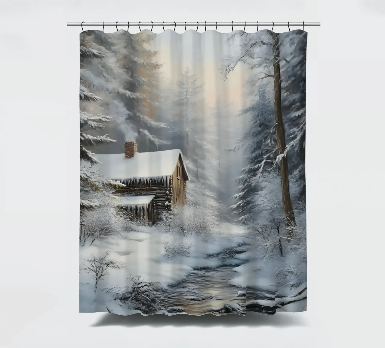Gemütliche Winter-Blockhütte Stream Art - Verschneites Waldversteck Duschvorhang von ClubArt