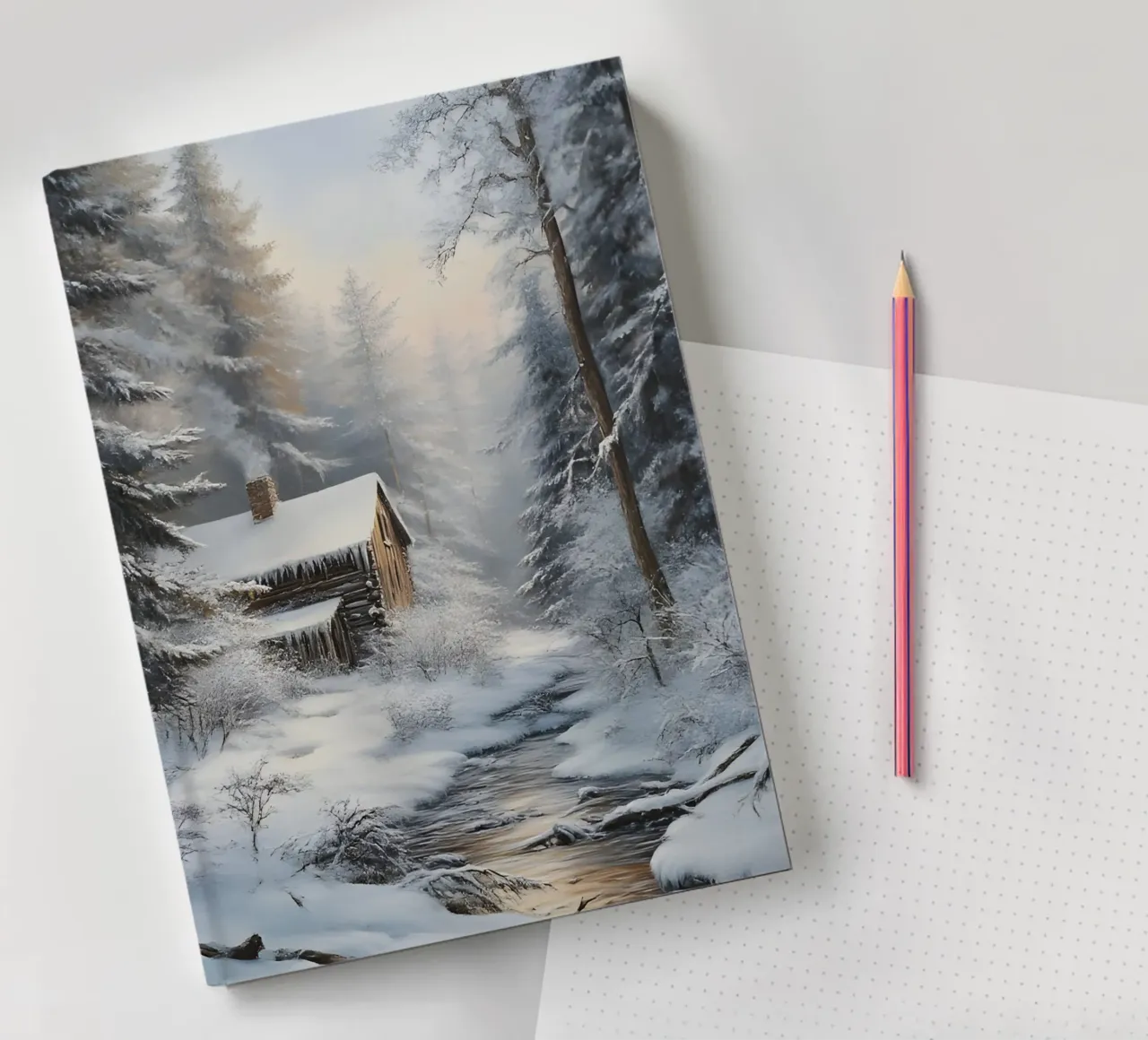 Cozy Winter Log Cabin Stream Art - Snowy Forest Hideaway notebook by ClubArt