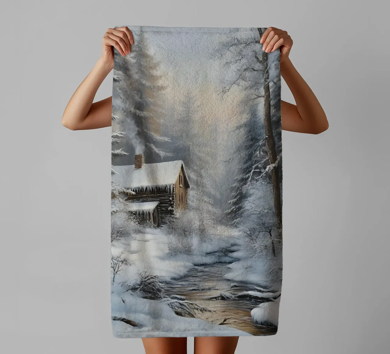 Accogliente casetta di legno invernale Stream Art - Nascondiglio nella foresta innevata asciugamano da bagno da ClubArt