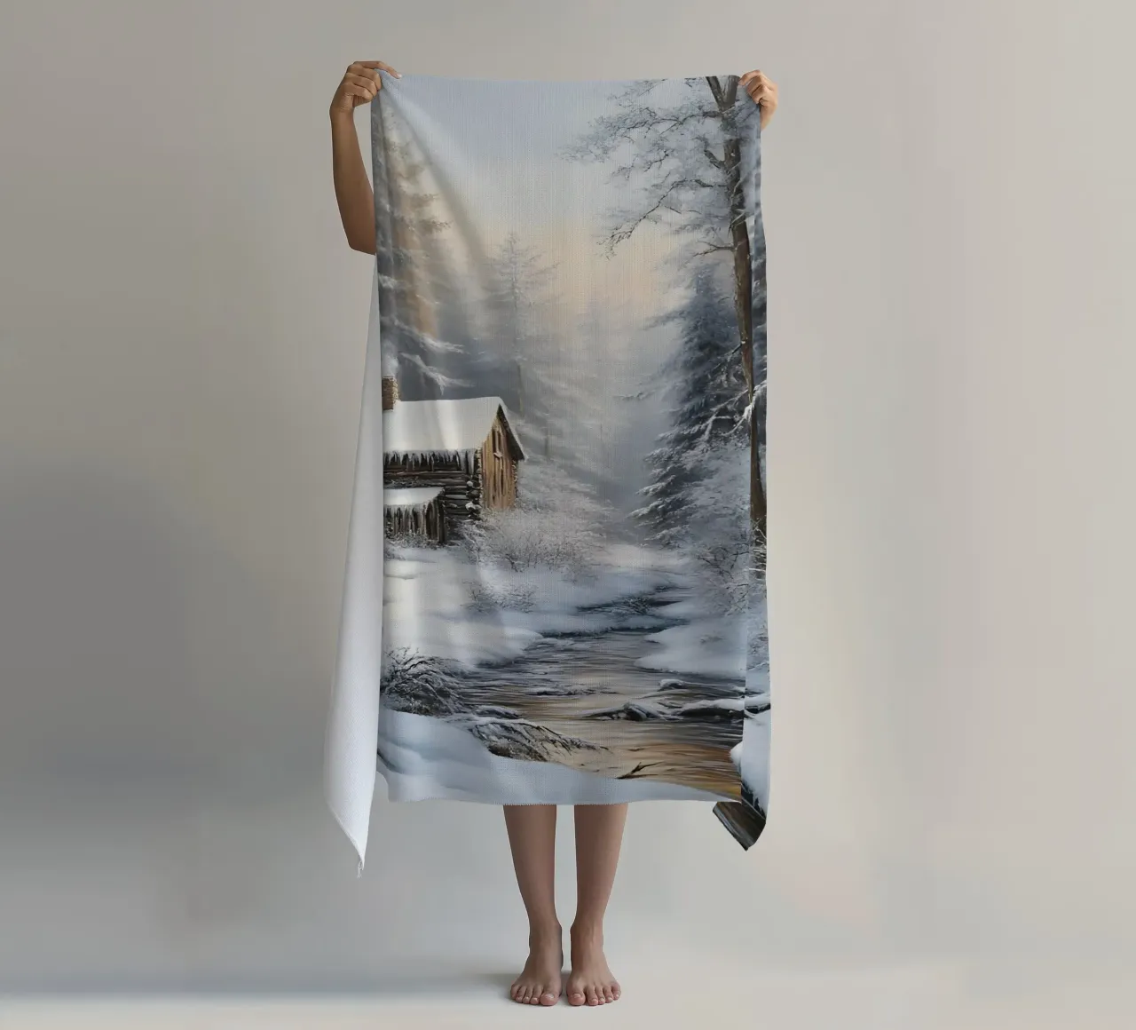 Accogliente casetta di legno invernale Stream Art - Nascondiglio nella foresta innevata telo mare da ClubArt