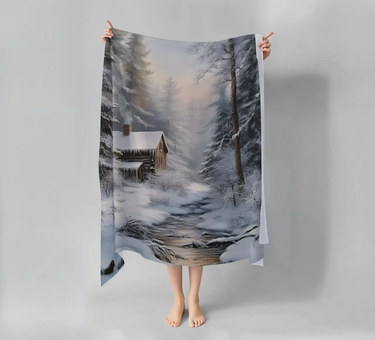 Accogliente casetta di legno invernale Stream Art - Nascondiglio nella foresta innevata telo mare da ClubArt