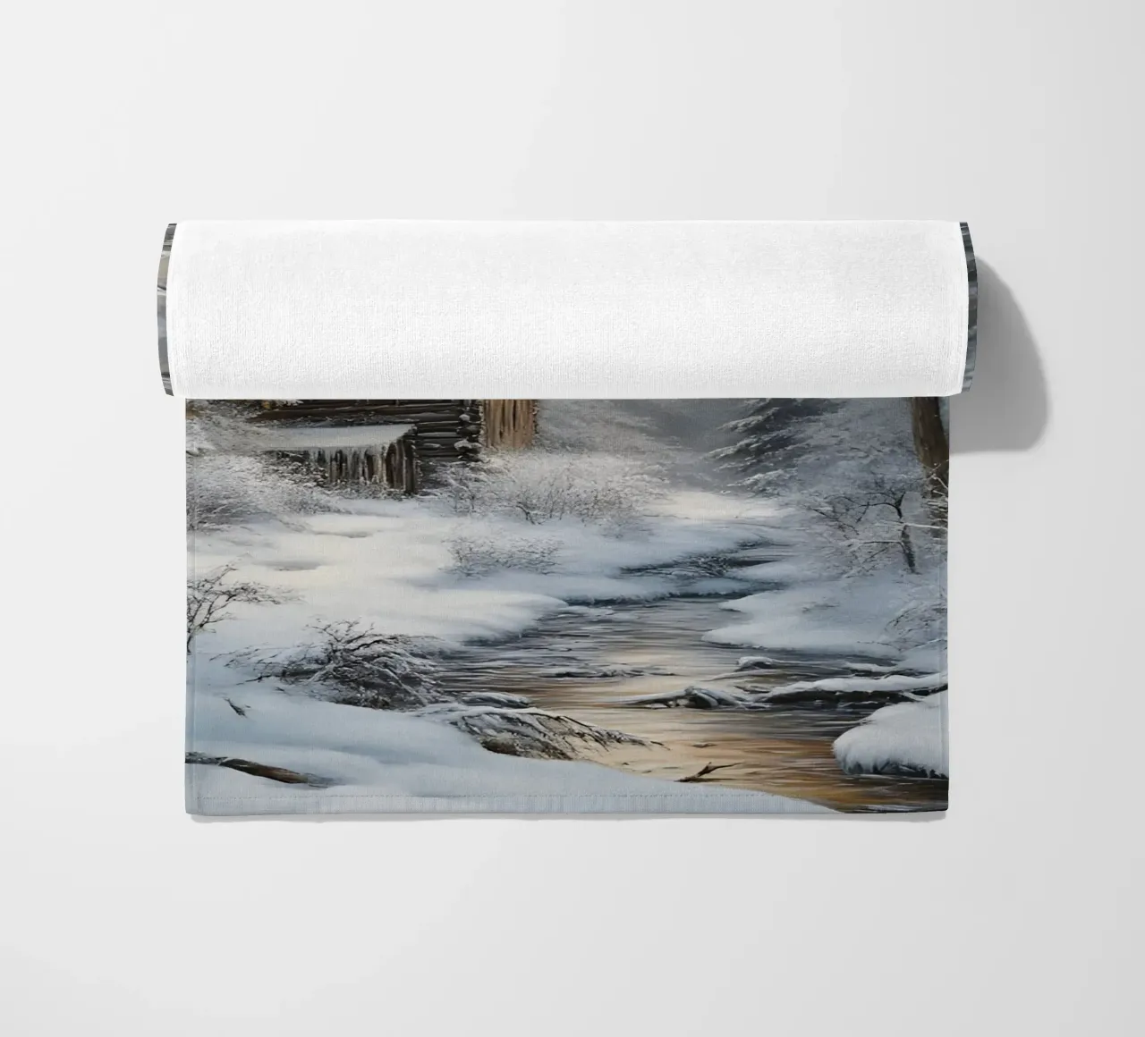 Accogliente casetta di legno invernale Stream Art - Nascondiglio nella foresta innevata telo mare da ClubArt