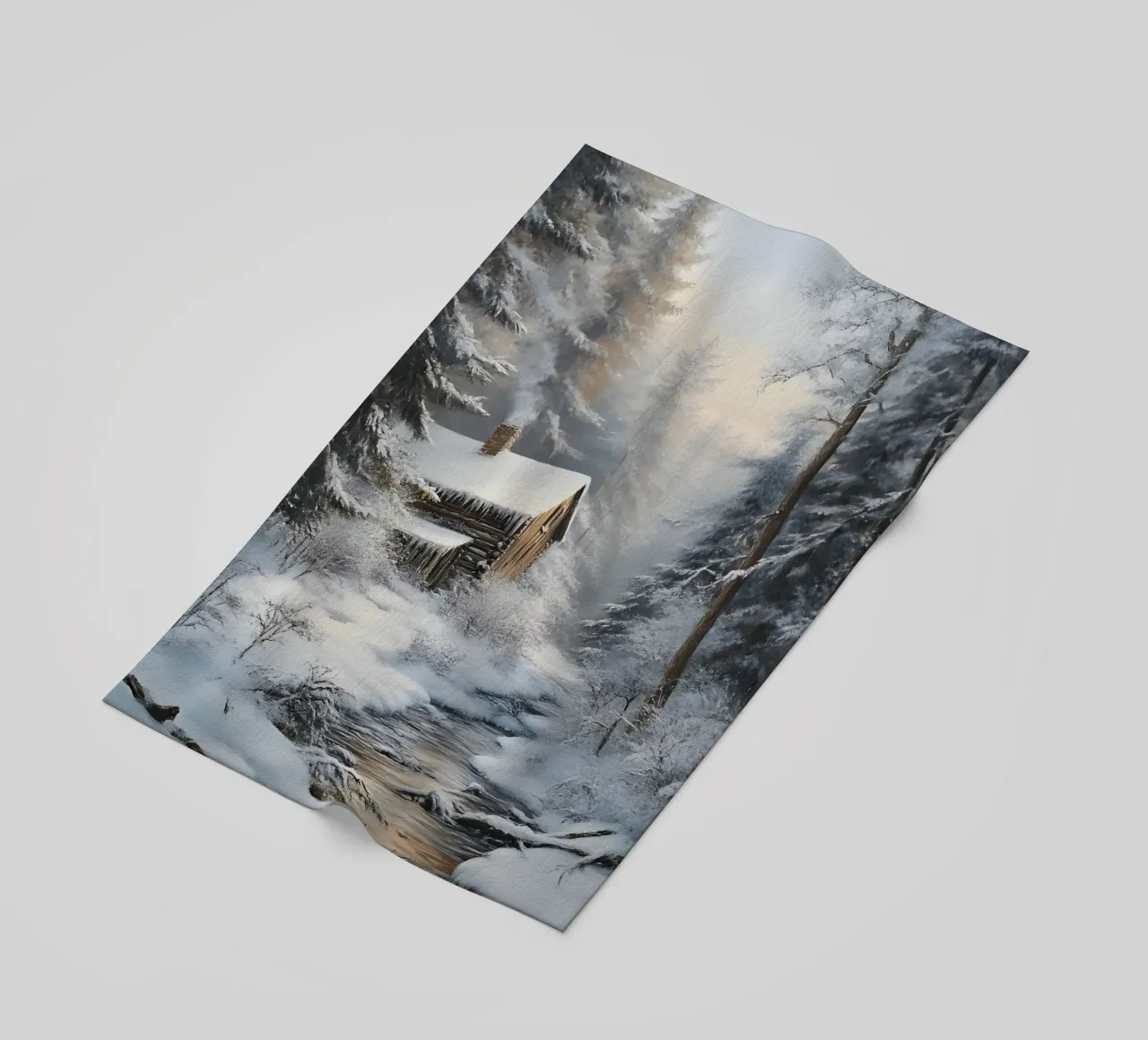 Accogliente casetta di legno invernale Stream Art - Nascondiglio nella foresta innevata telo mare da ClubArt