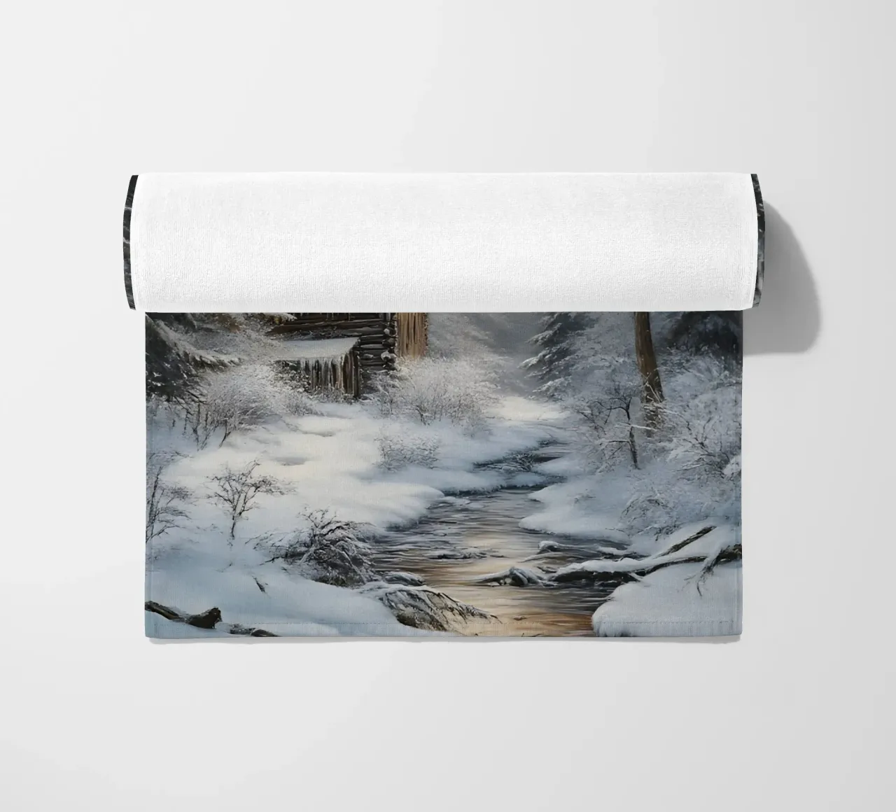 Accogliente casetta di legno invernale Stream Art - Nascondiglio nella foresta innevata telo mare da ClubArt