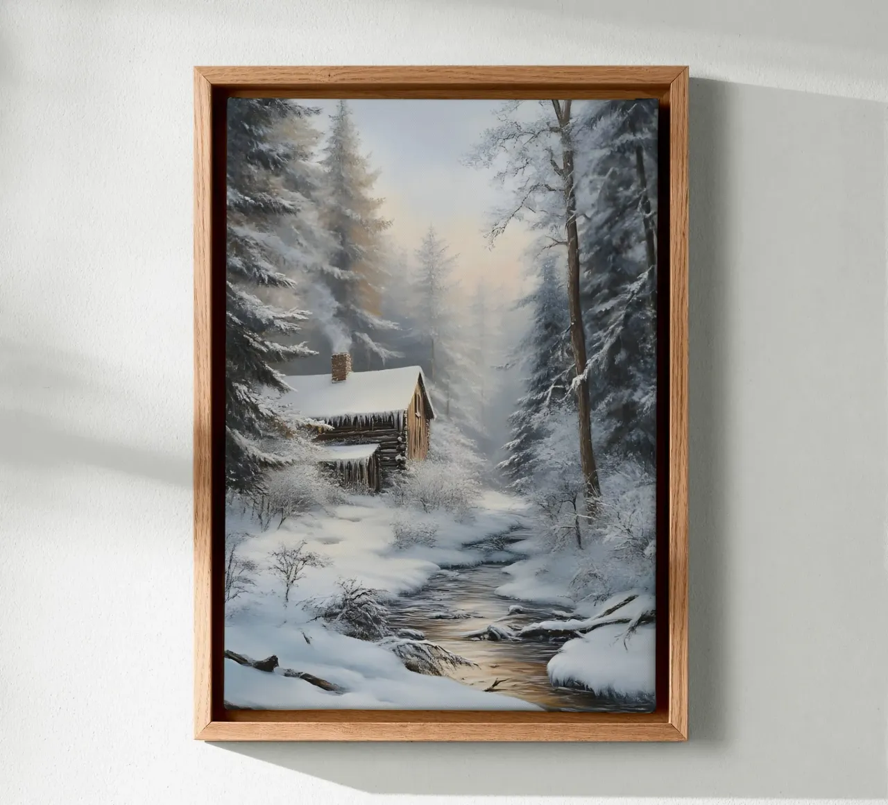 Accogliente casetta di legno invernale Stream Art - Nascondiglio nella foresta innevata tela con Cornice a cassetta da ClubArt