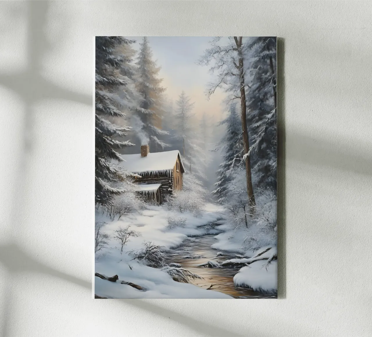 Accogliente casetta di legno invernale Stream Art - Nascondiglio nella foresta innevata tela con Cornice a cassetta da ClubArt