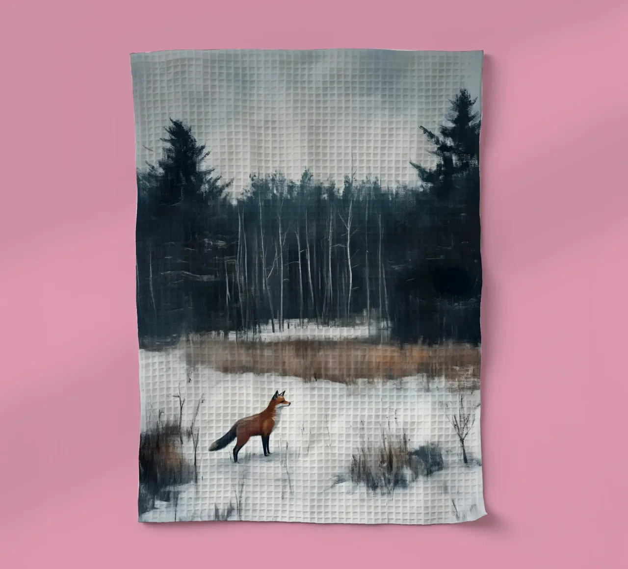 Renard roux - Forêt enneigée - Impression d'art - Faune et flore hivernales torchon de ClubArt