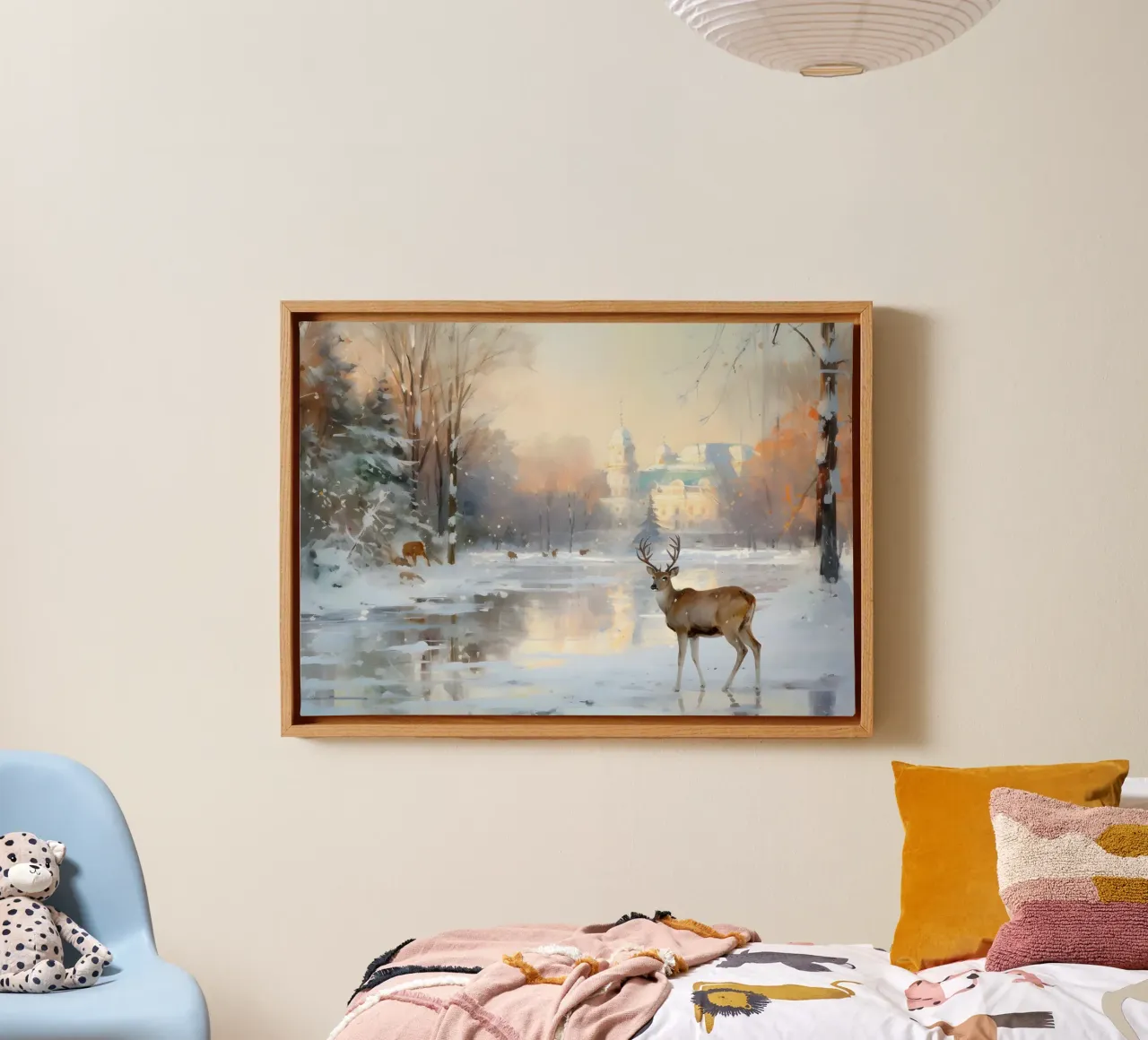 Paisaje invernal del castillo de los ciervos - Snowy Wildlife Art Print lienzo con Marco flotante de ClubArt