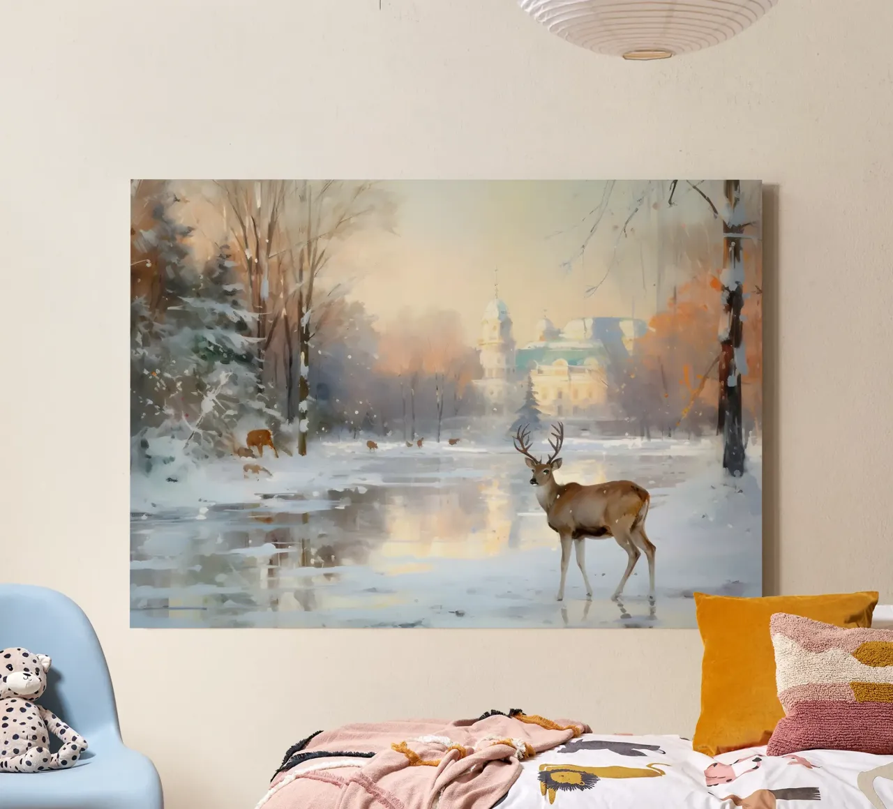 Paisaje invernal del castillo de los ciervos - Snowy Wildlife Art Print lienzo con Marco flotante de ClubArt