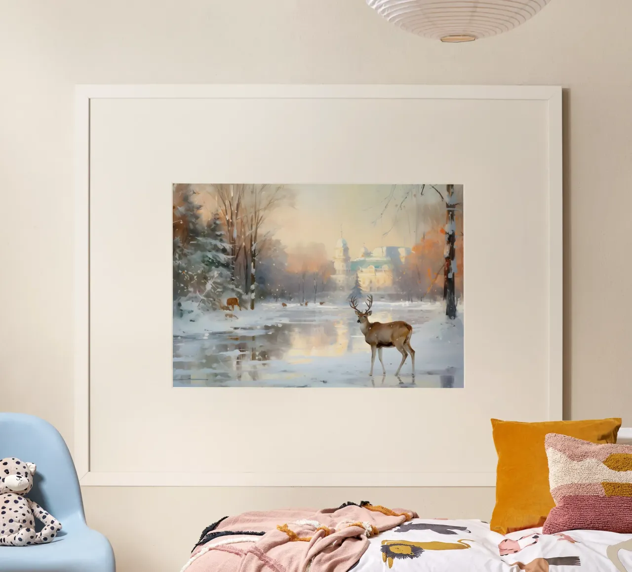 Paesaggio invernale del castello dei cervi - Stampa d'arte della fauna selvatica innevata poster con telaio in alluminio da ClubArt
