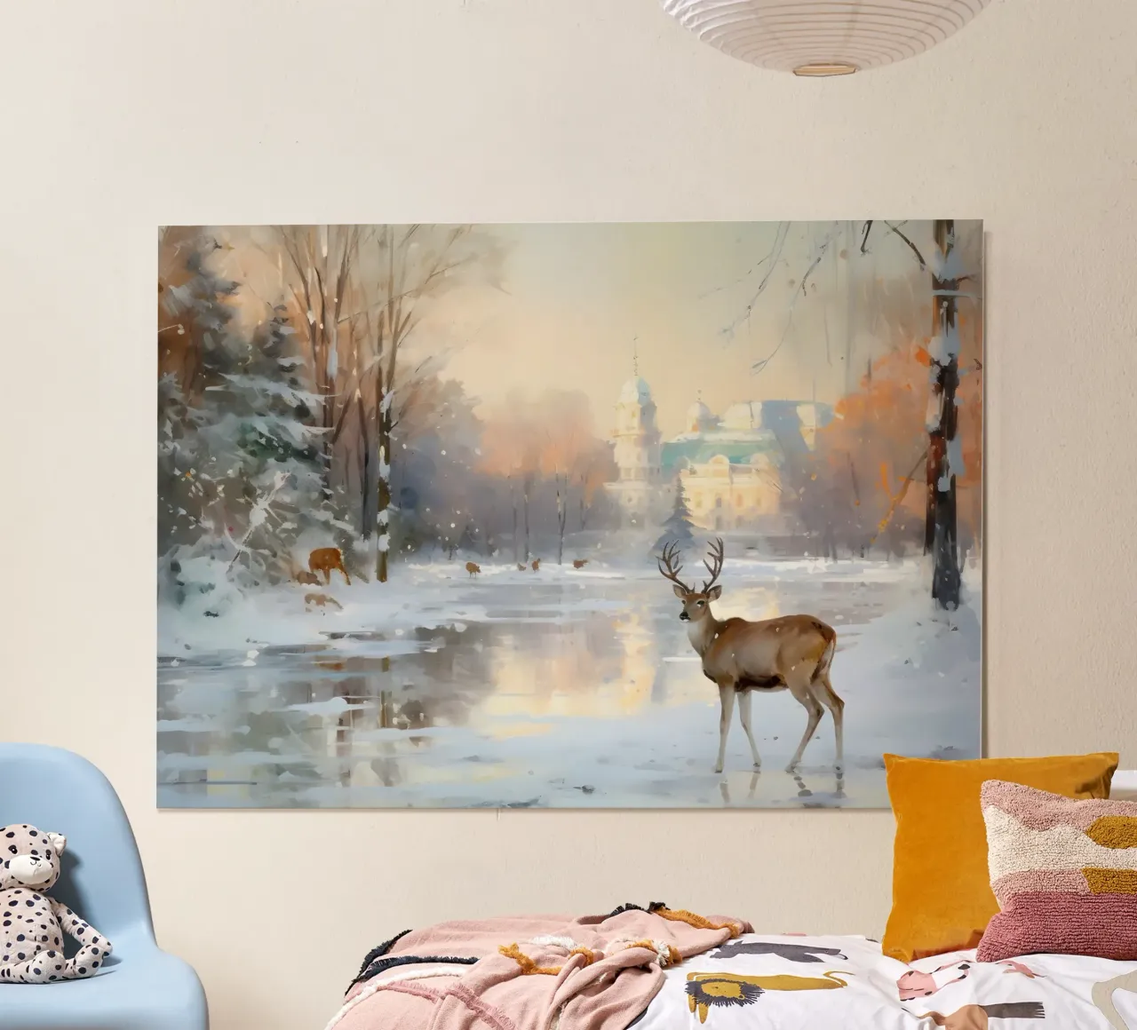 Paesaggio invernale del castello dei cervi - Stampa d'arte della fauna selvatica innevata poster con telaio in alluminio da ClubArt