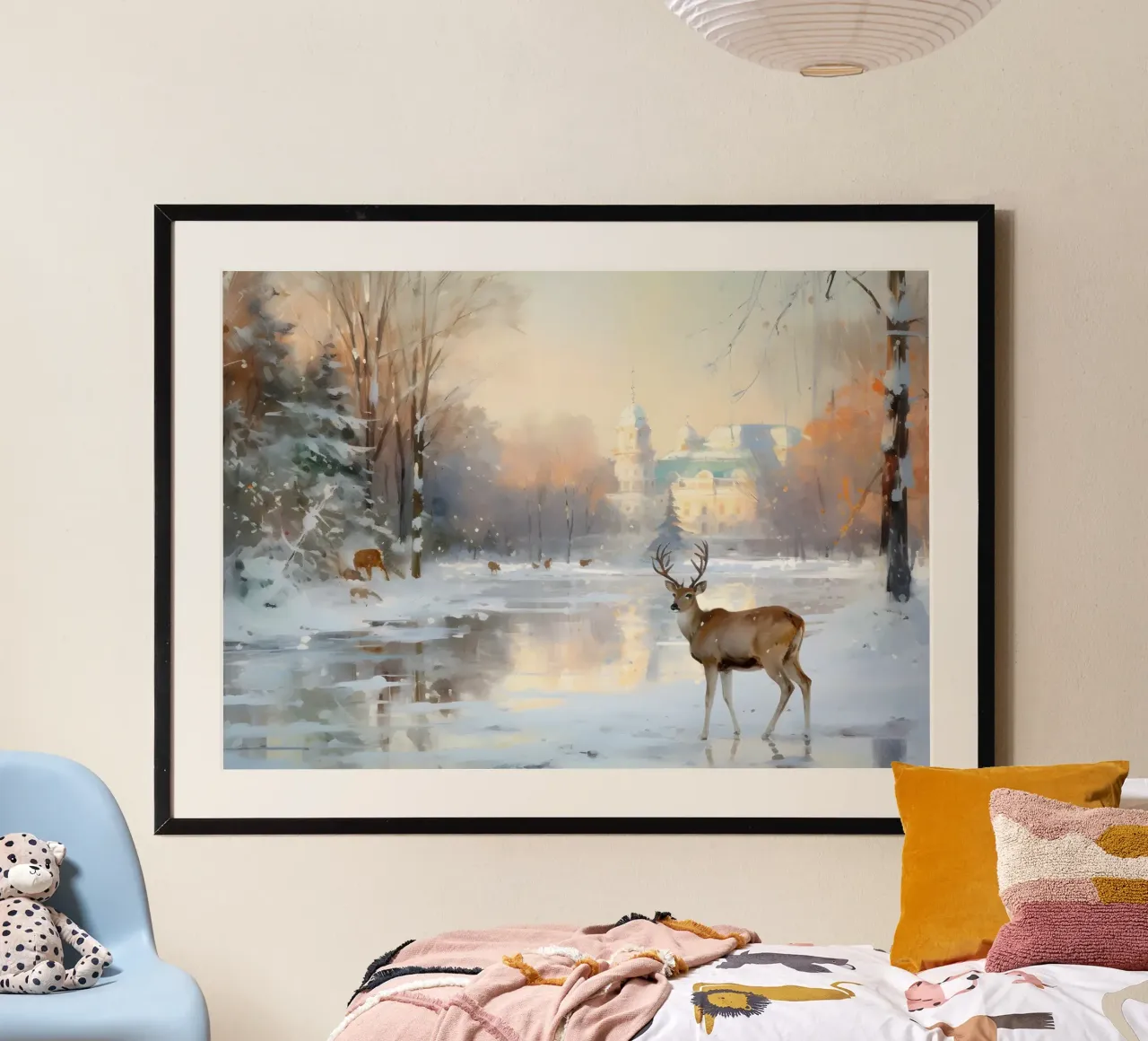 Paesaggio invernale del castello dei cervi - Stampa d'arte della fauna selvatica innevata poster con telaio in alluminio da ClubArt