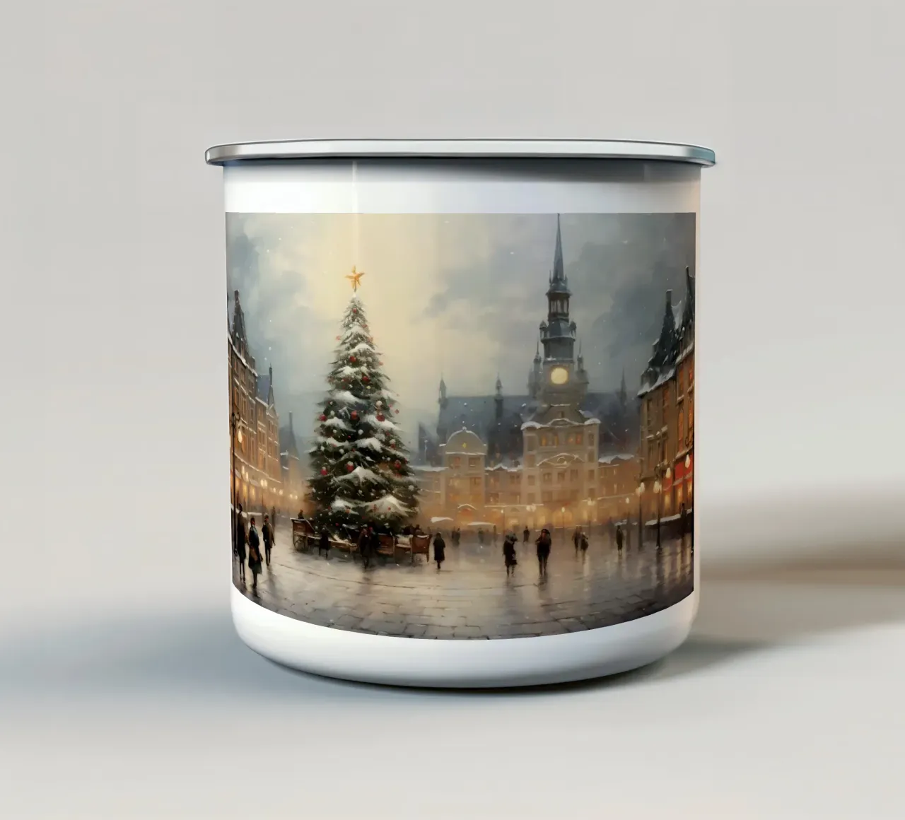 Accogliente stampa d'arte del mercatino di Natale europeo - Piazza innevata tazza in smalto da ClubArt
