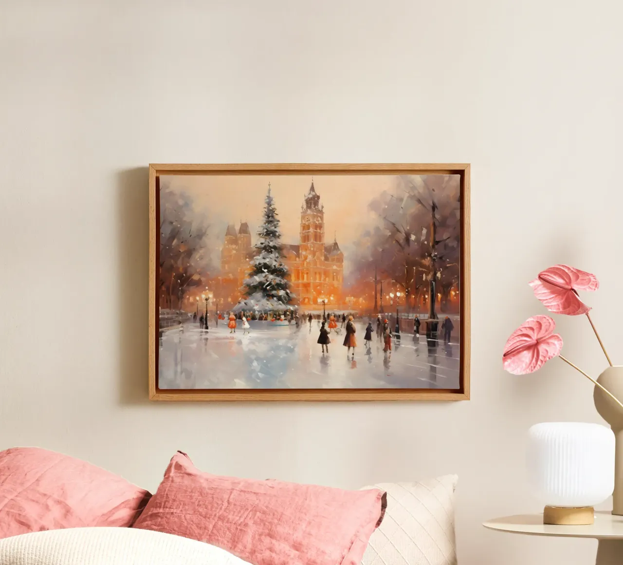 Gezellige ijspiste op het kerstplein - Besneeuwd stedelijk landschap canvas met Baklijst van ClubArt