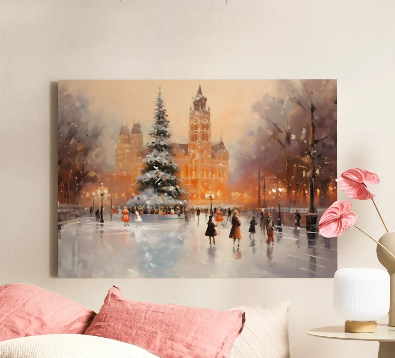 Gezellige ijspiste op het kerstplein - Besneeuwd stedelijk landschap canvas met Baklijst van ClubArt