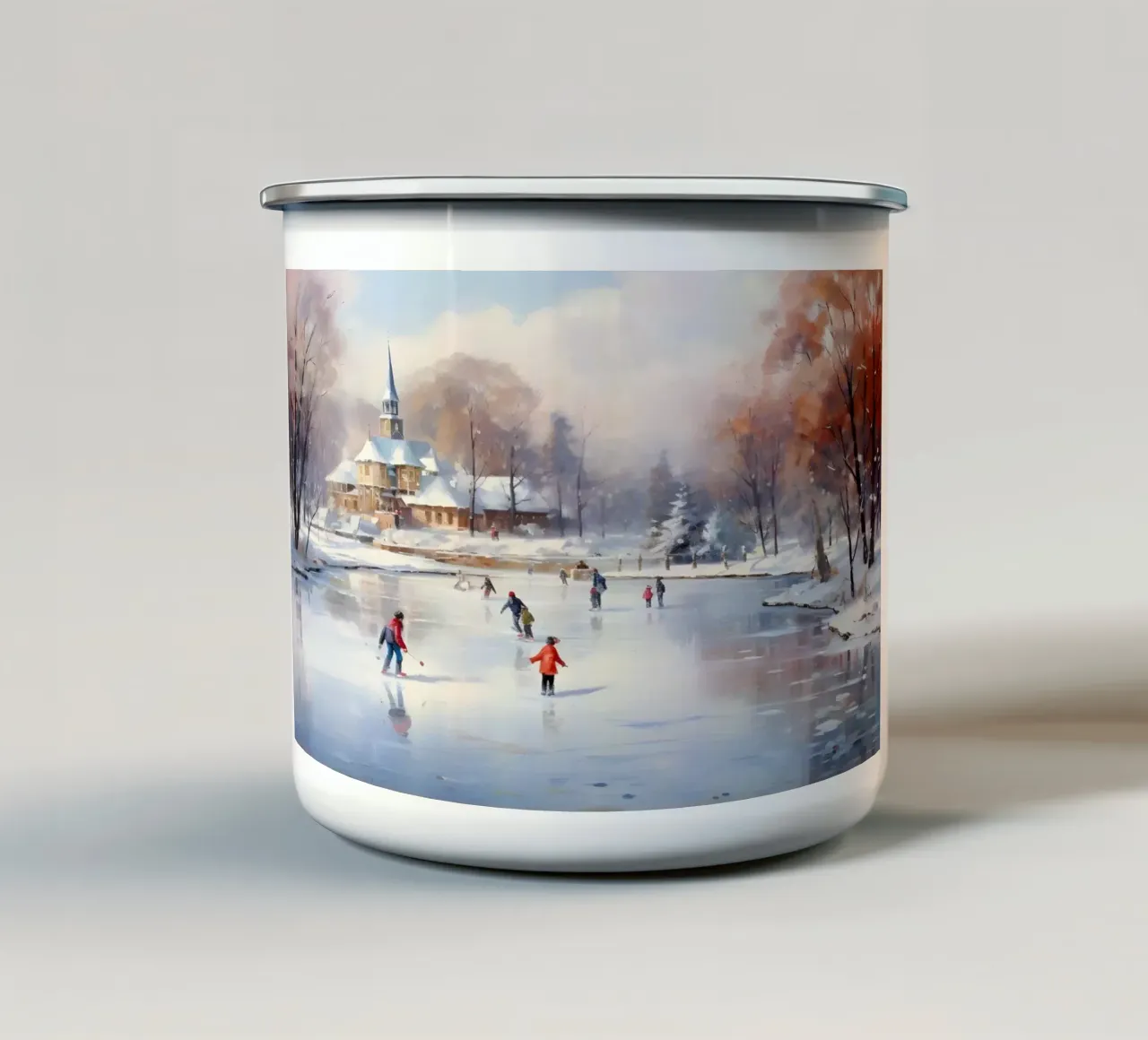 Gezellige ijsschaatsvijver kunstdruk - Besneeuwd dorpsgezicht emaille mok van ClubArt