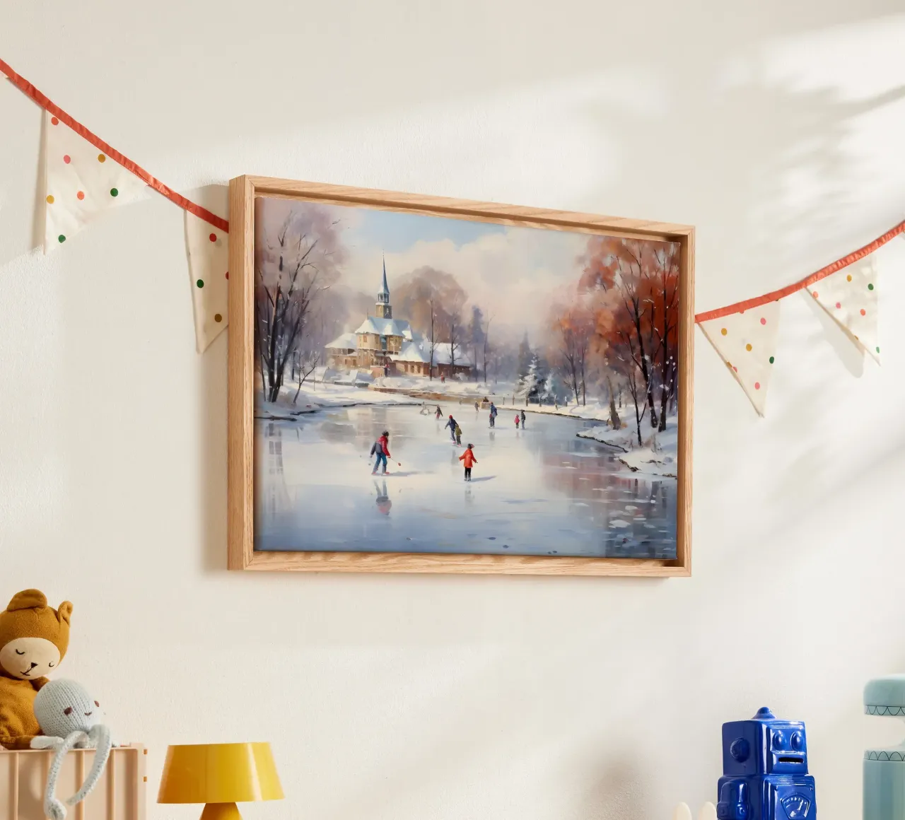 Gezellige ijsschaatsvijver kunstdruk - Besneeuwd dorpsgezicht canvas met Baklijst van ClubArt