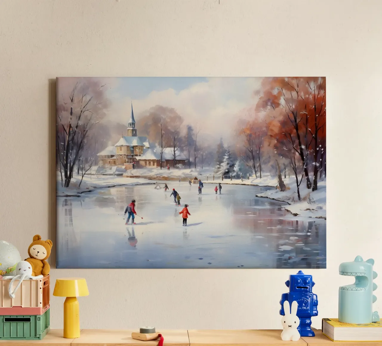 Gezellige ijsschaatsvijver kunstdruk - Besneeuwd dorpsgezicht canvas met Baklijst van ClubArt