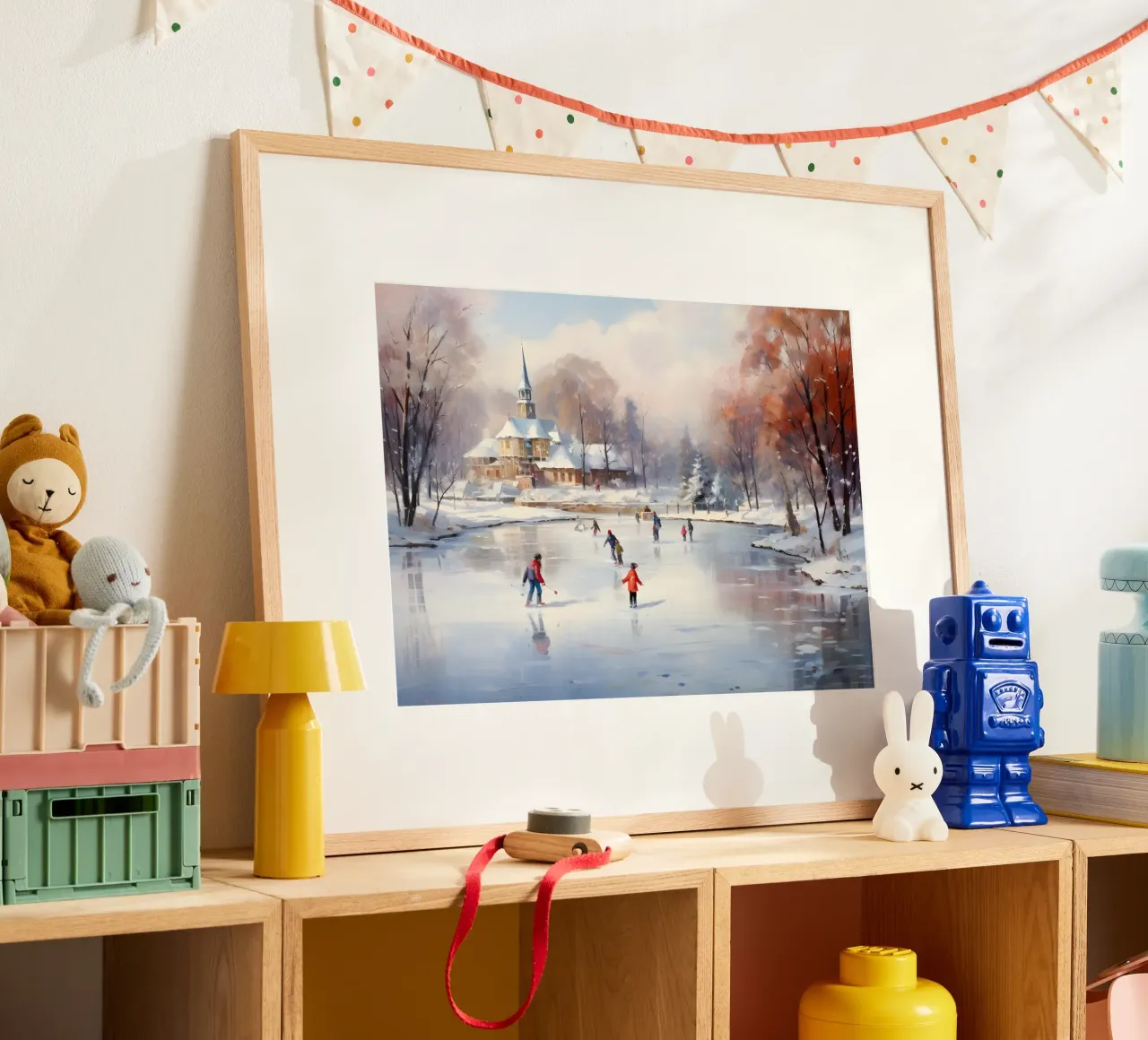 Stampa d'arte sul laghetto per il pattinaggio su ghiaccio - Scena di un villaggio innevato poster con telaio in alluminio da ClubArt