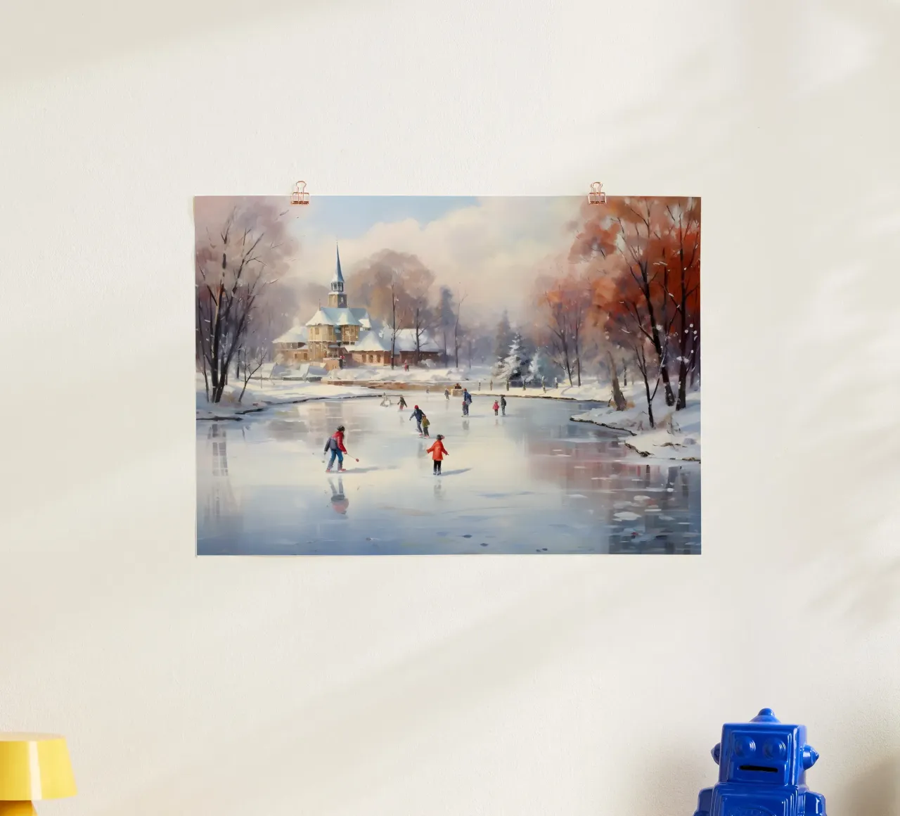 Stampa d'arte sul laghetto per il pattinaggio su ghiaccio - Scena di un villaggio innevato poster con telaio in alluminio da ClubArt