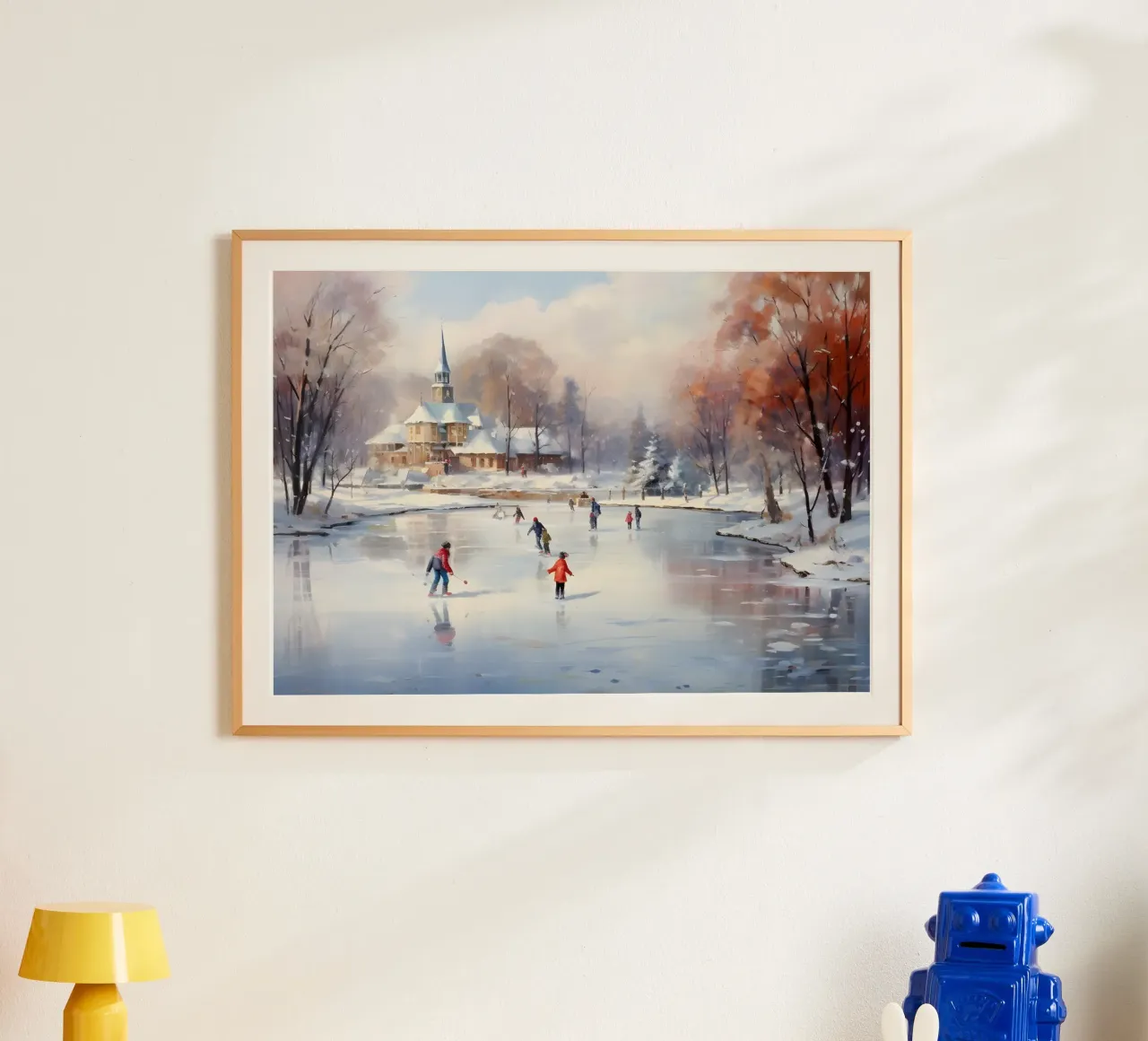 Stampa d'arte sul laghetto per il pattinaggio su ghiaccio - Scena di un villaggio innevato poster con telaio in alluminio da ClubArt