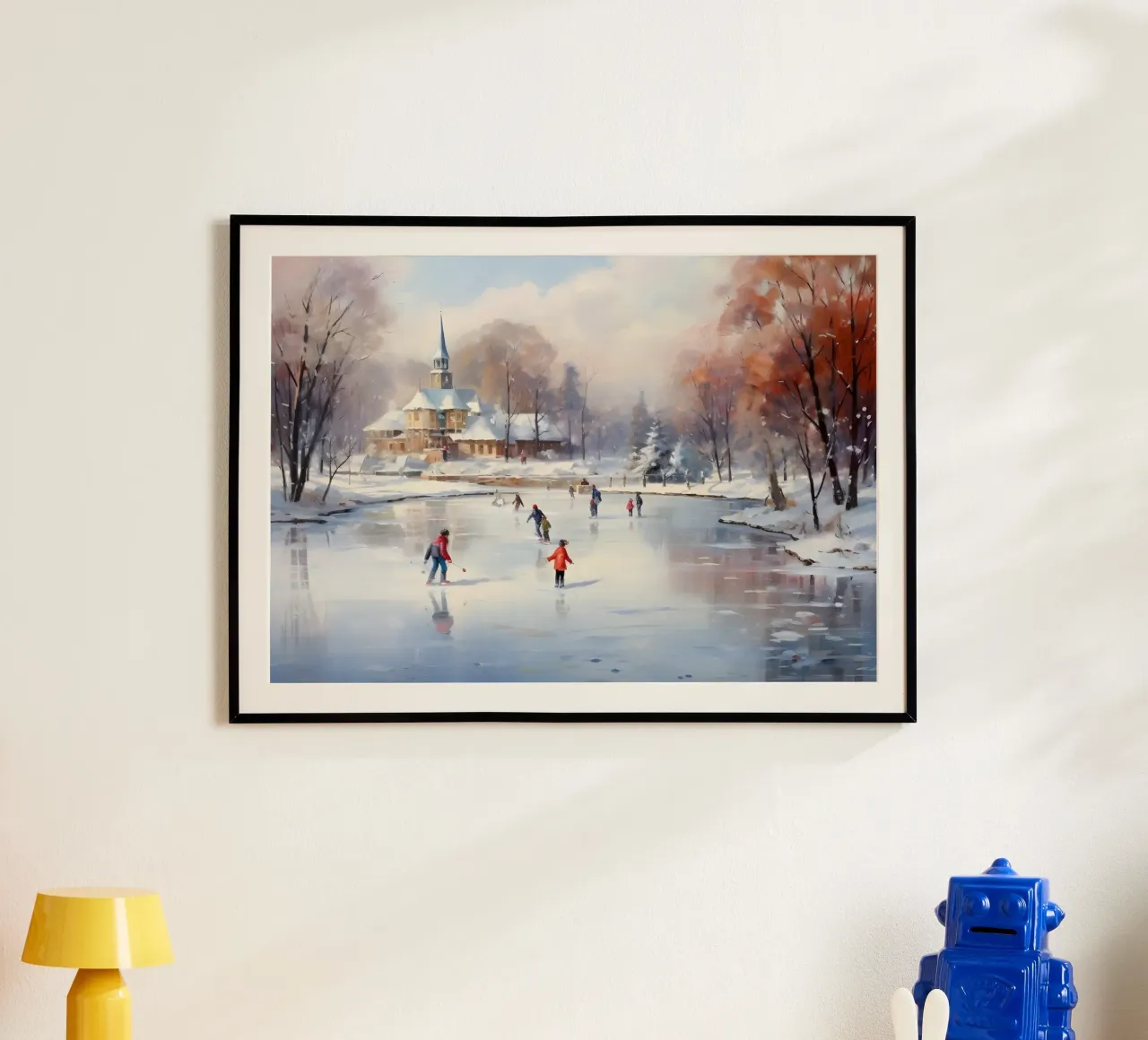 Stampa d'arte sul laghetto per il pattinaggio su ghiaccio - Scena di un villaggio innevato poster con telaio in alluminio da ClubArt