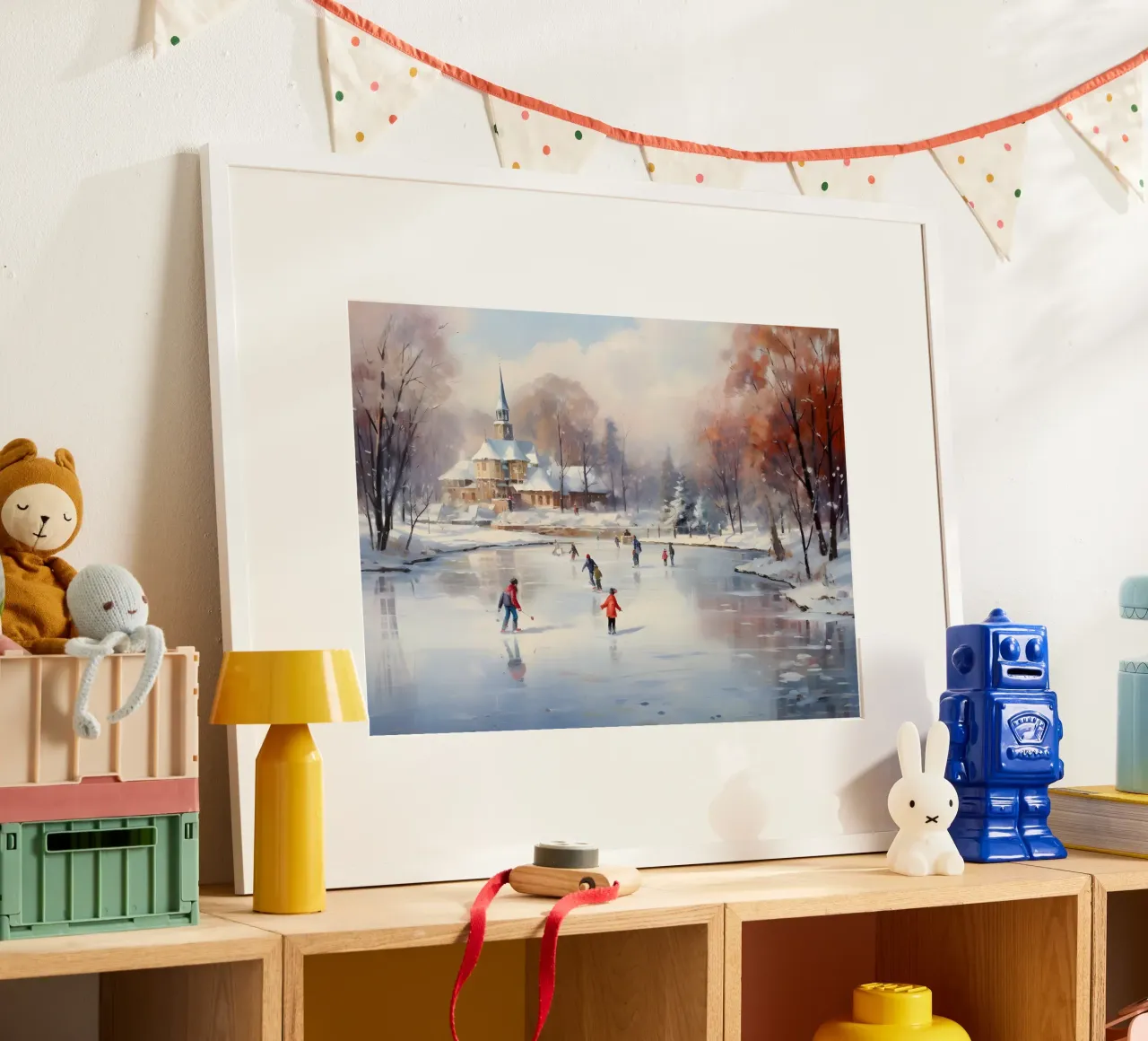 Stampa d'arte sul laghetto per il pattinaggio su ghiaccio - Scena di un villaggio innevato poster con telaio in alluminio da ClubArt