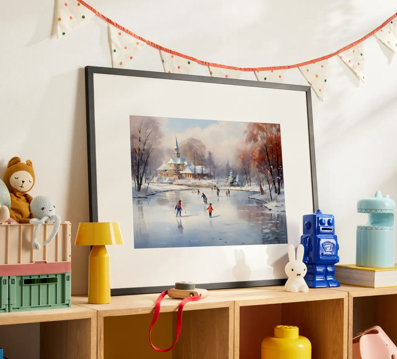 Stampa d'arte sul laghetto per il pattinaggio su ghiaccio - Scena di un villaggio innevato poster con telaio in alluminio da ClubArt