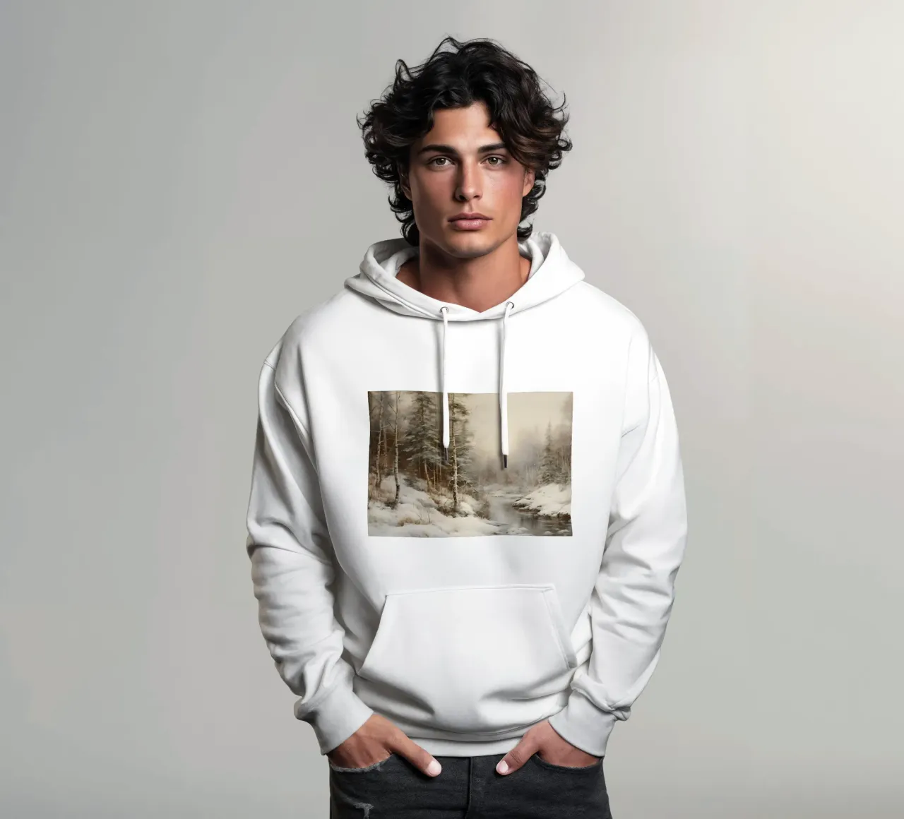 Serene Winter Forest Stream Art Print - Snowy Landscape hoodie by ClubArt