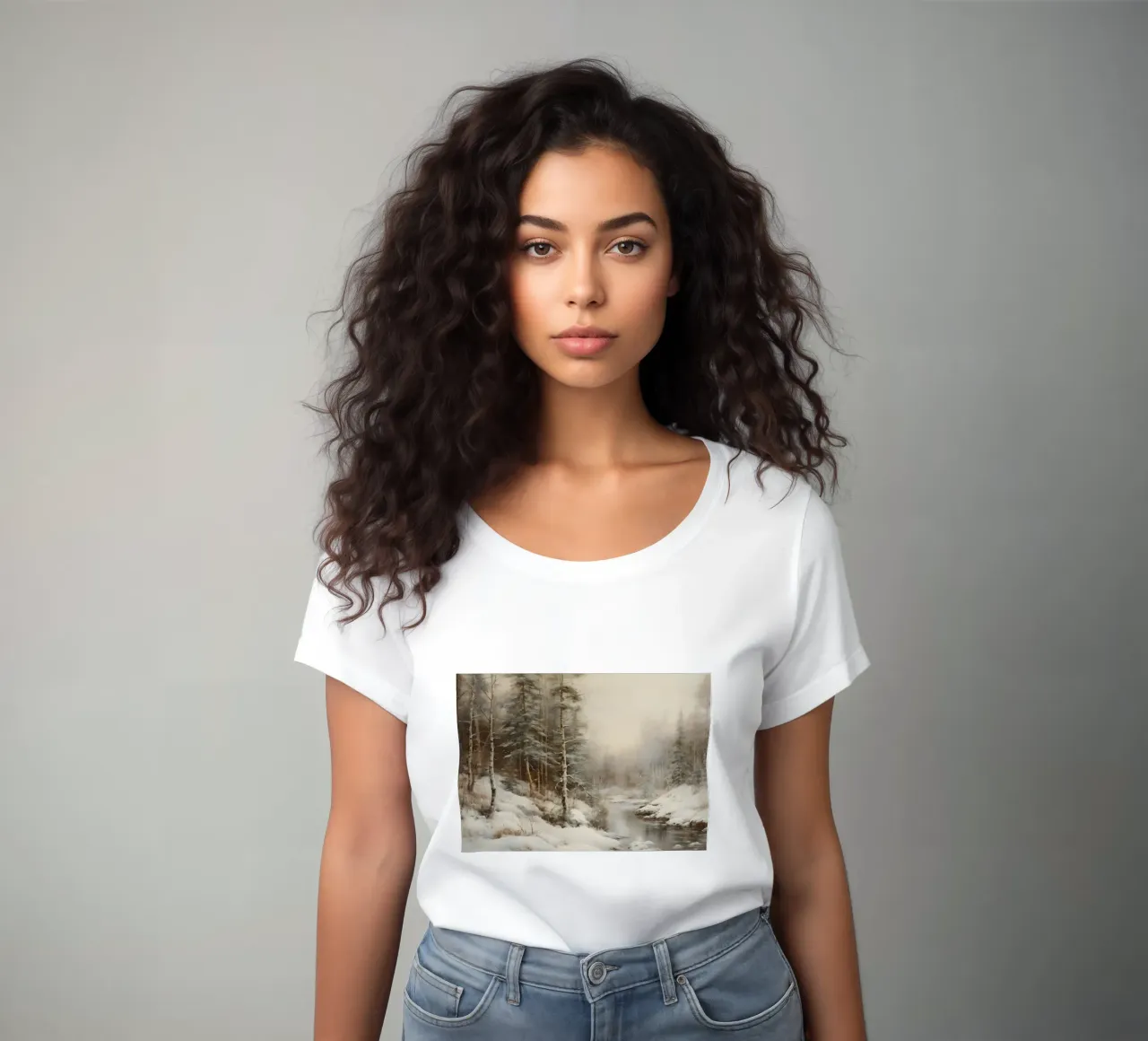 Serene Winter Forest Stream Art Print - Snowy Landscape women's fitted t-shirt by ClubArt