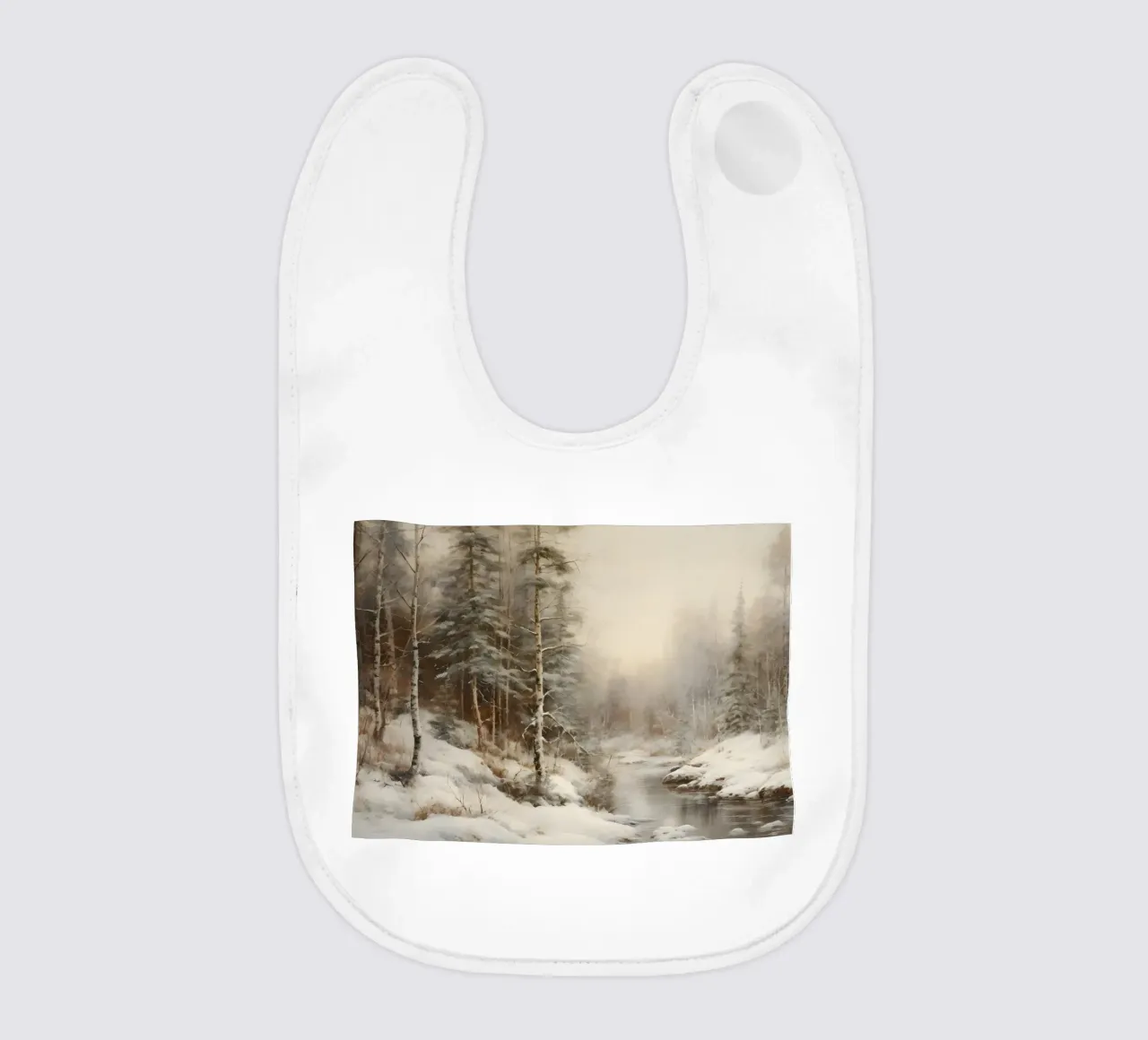 Serene Winter Forest Stream Kunstdruck - verschneite Landschaft Babylätzchen von ClubArt