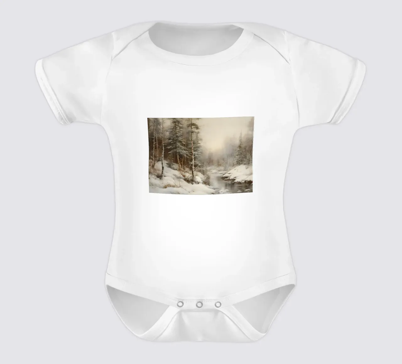 Serene Winter Forest Stream Art Print - Besneeuwd Landschap babyrompertje korte mouwen van ClubArt