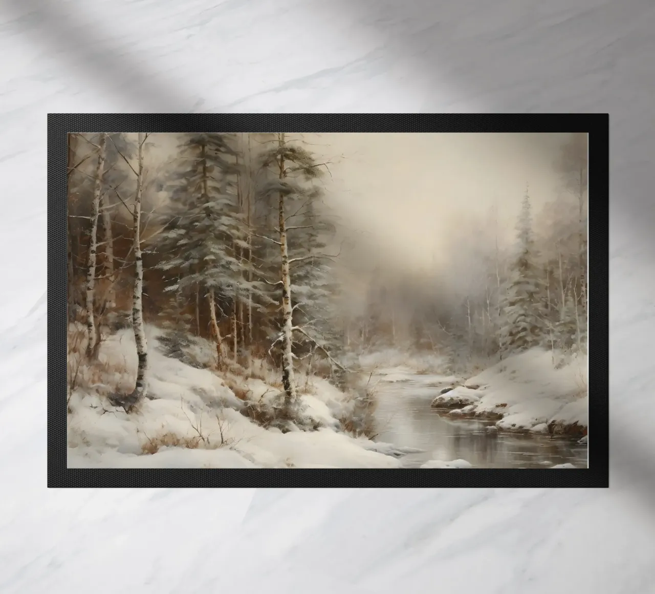 Serene Winter Forest Stream Kunstdruck - verschneite Landschaft Fußmatte von ClubArt