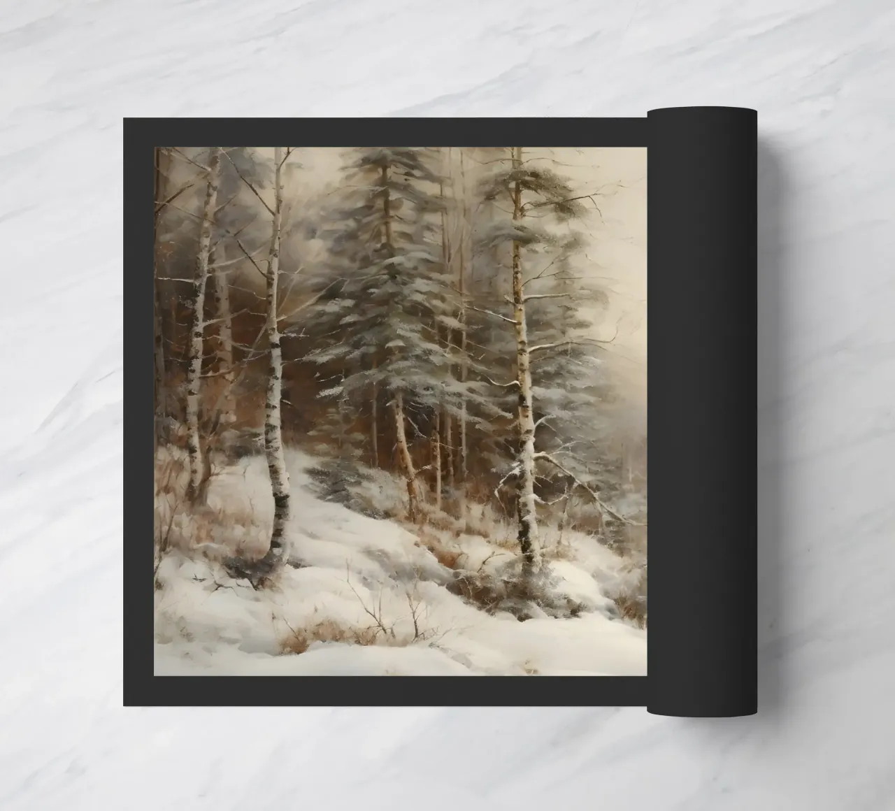 Serene Winter Forest Stream Kunstdruck - verschneite Landschaft Fußmatte von ClubArt