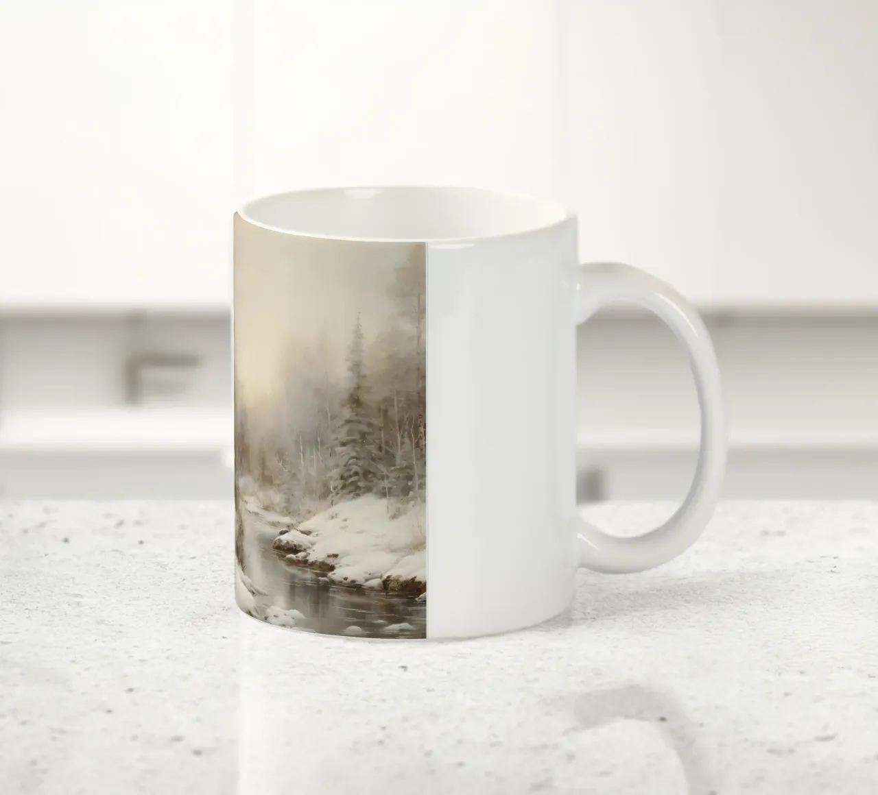 Serene Winter Forest Stream Art Print - Besneeuwd Landschap keramische mok van ClubArt