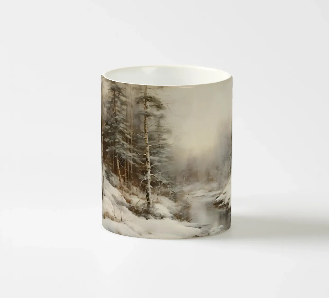Serene Winter Forest Stream Art Print - Besneeuwd Landschap keramische mok van ClubArt