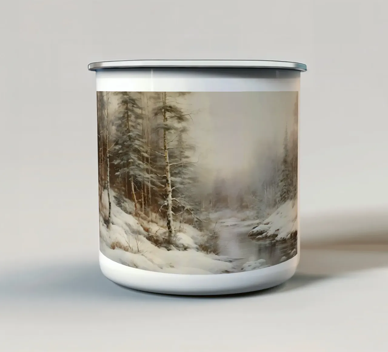 Serene Winter Forest Stream Art Print - Besneeuwd Landschap emaille mok van ClubArt