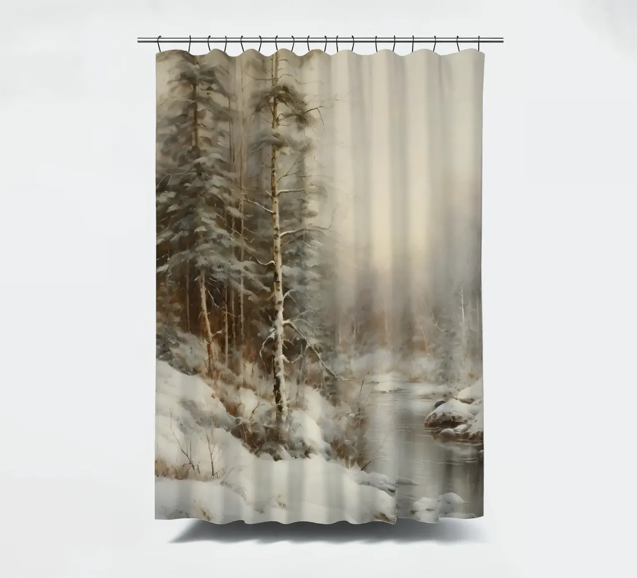 Serene Winter Forest Stream Kunstdruck - verschneite Landschaft Duschvorhang von ClubArt