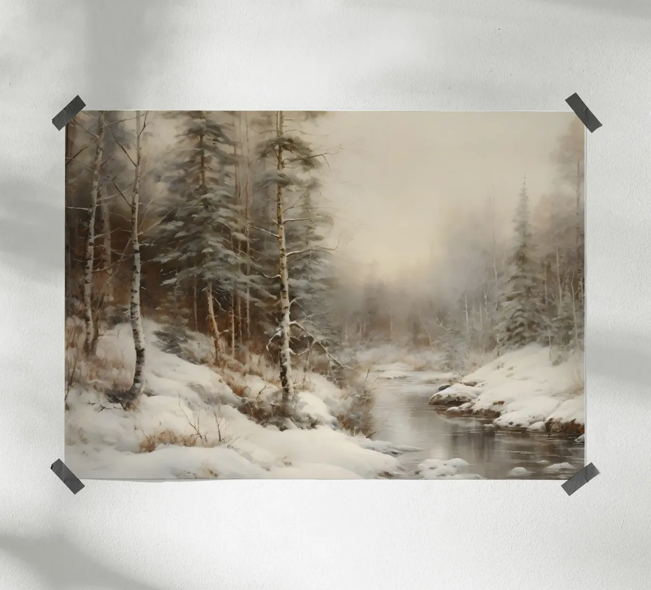 Impression d'art sur les cours d'eau de la forêt d'hiver sereine - Paysage enneigé poster de ClubArt