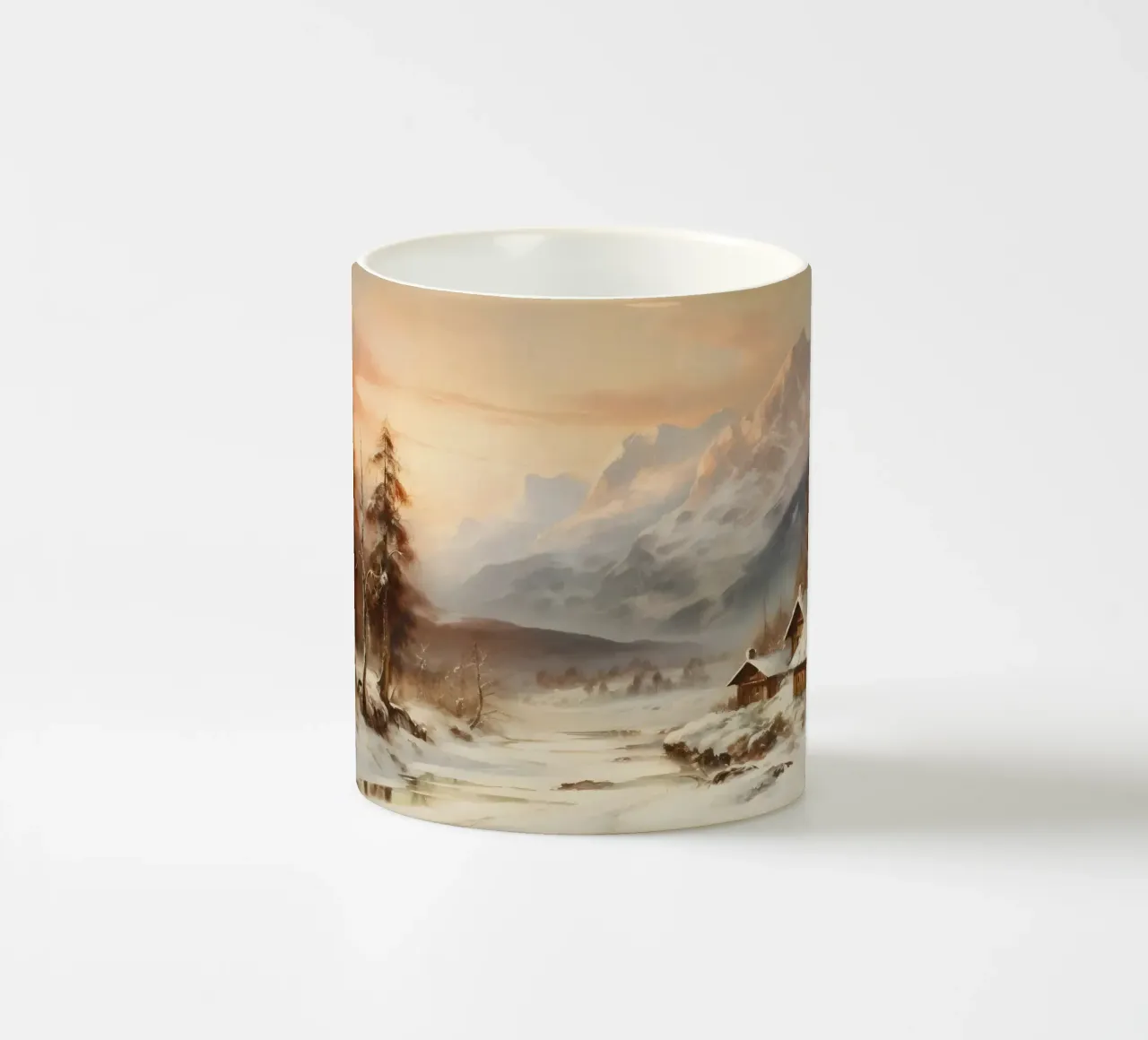 Gezellige Winter Mountain Cabin Art Print - Besneeuwde Alpen Zonsondergang keramische mok van ClubArt