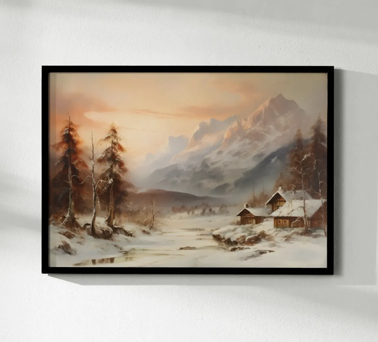 Acogedora cabaña de invierno en la montaña - Atardecer nevado en los Alpes poster de ClubArt