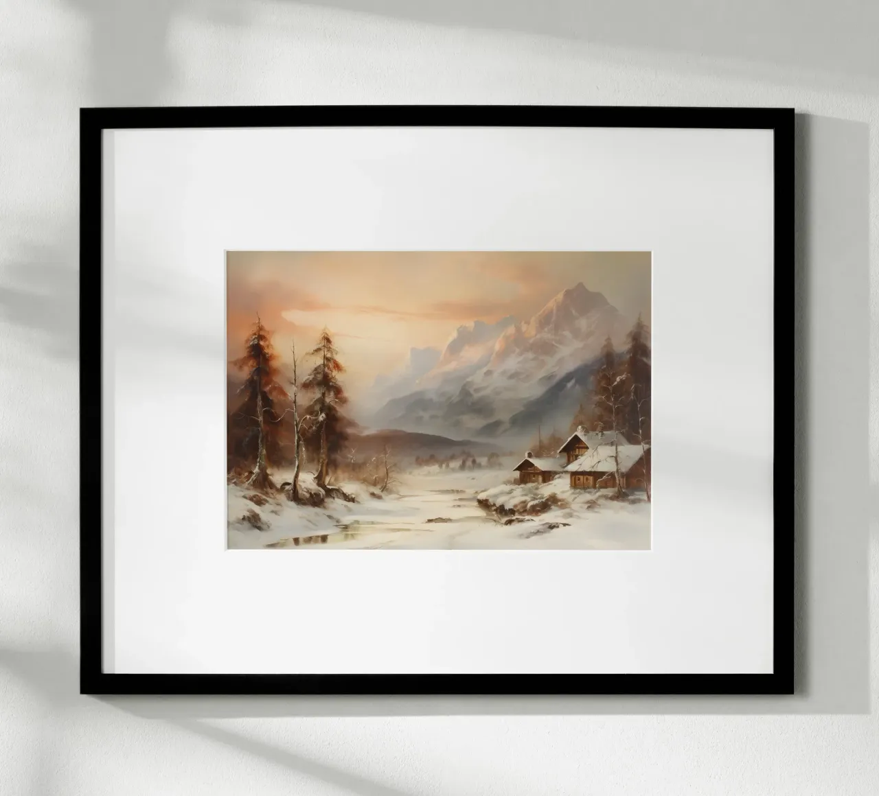 Acogedora cabaña de invierno en la montaña - Atardecer nevado en los Alpes poster de ClubArt