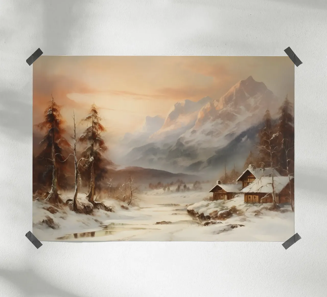 Acogedora cabaña de invierno en la montaña - Atardecer nevado en los Alpes poster de ClubArt