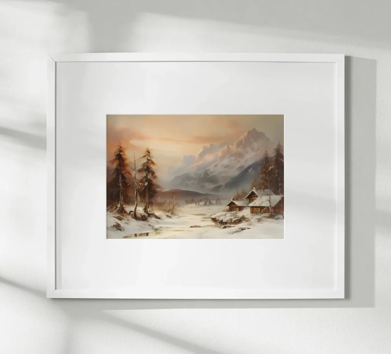 Acogedora cabaña de invierno en la montaña - Atardecer nevado en los Alpes poster de ClubArt