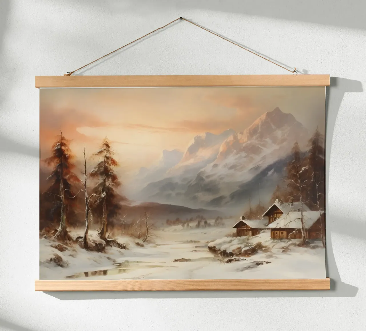 Acogedora cabaña de invierno en la montaña - Atardecer nevado en los Alpes poster de ClubArt