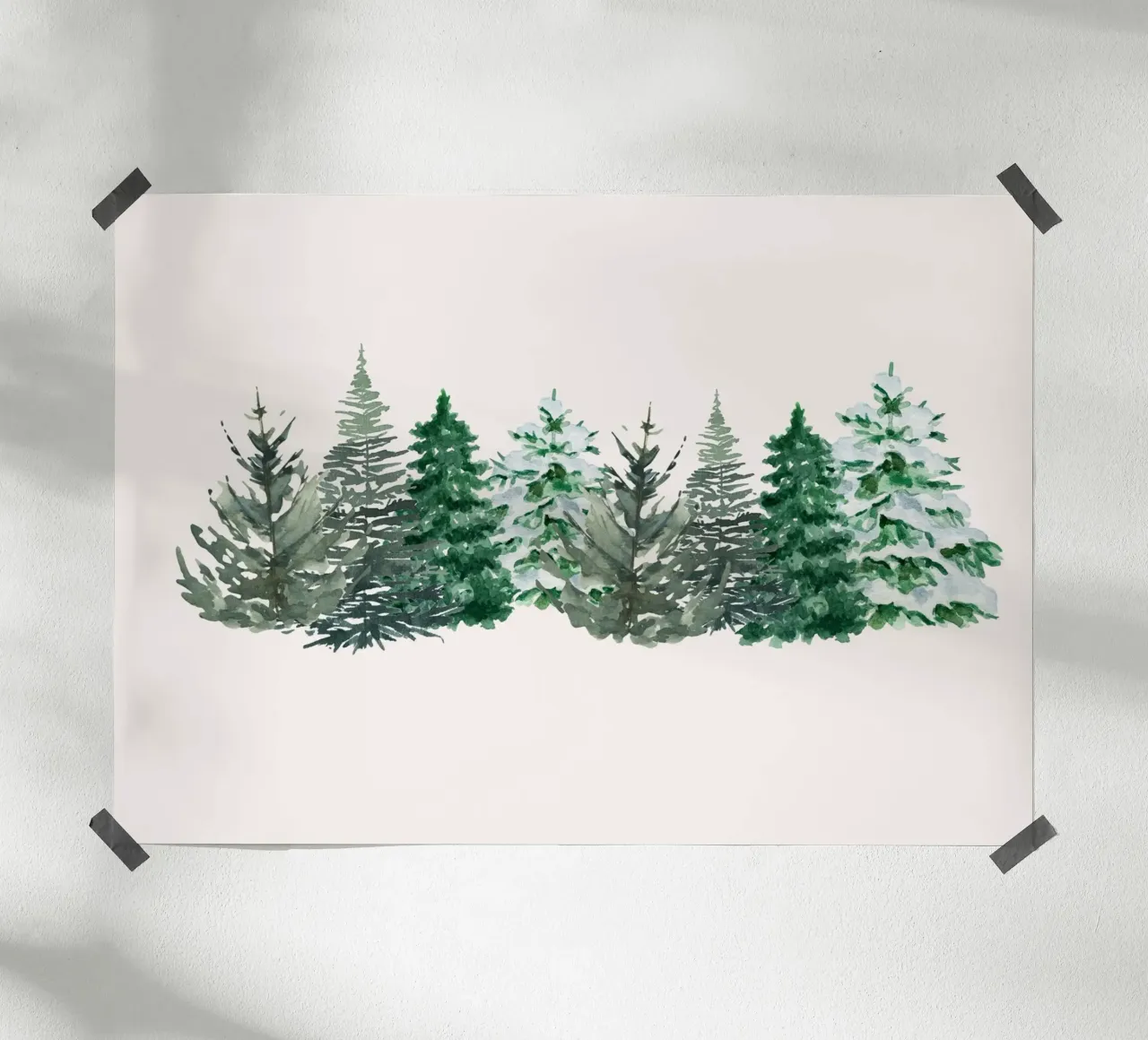 Aquarell verschneiter Kiefernwald Kunstdruck - Winterbäume Poster mit Holzrahmen von ClubArt