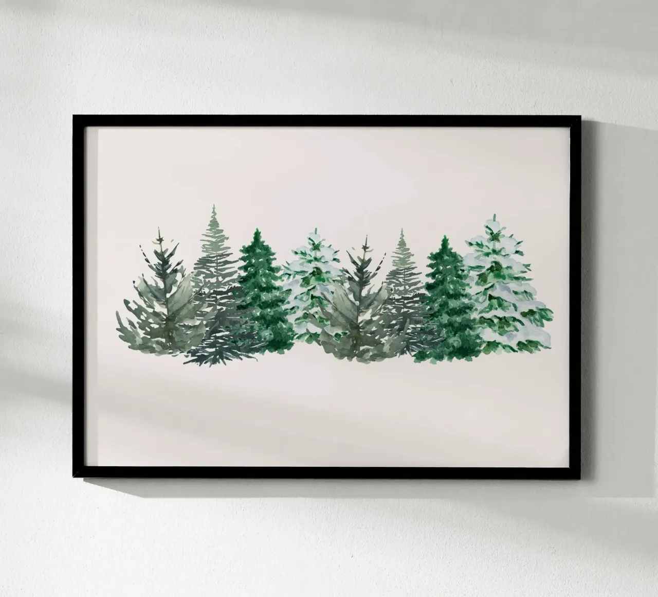 Aquarell verschneiter Kiefernwald Kunstdruck - Winterbäume Poster mit Holzrahmen von ClubArt