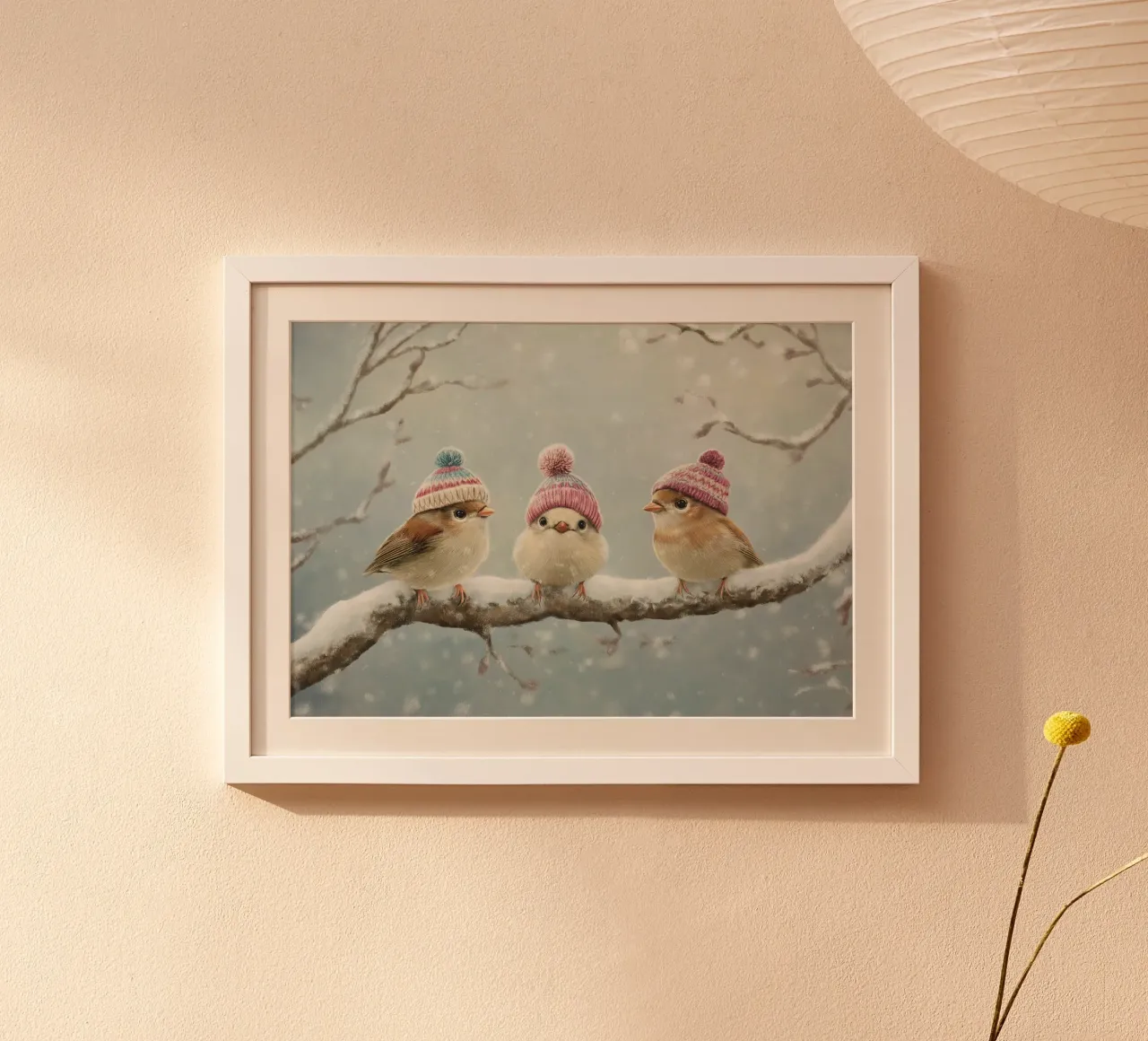 Stampa d'arte di uccelli invernali con cappelli - Accogliente decorazione animale poster da ClubArt