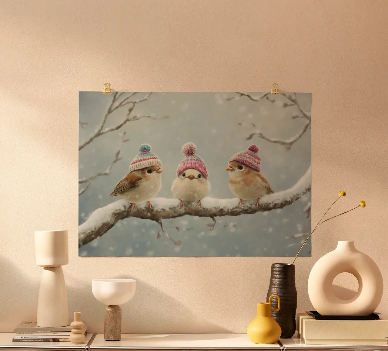 Stampa d'arte di uccelli invernali con cappelli - Accogliente decorazione animale poster da ClubArt