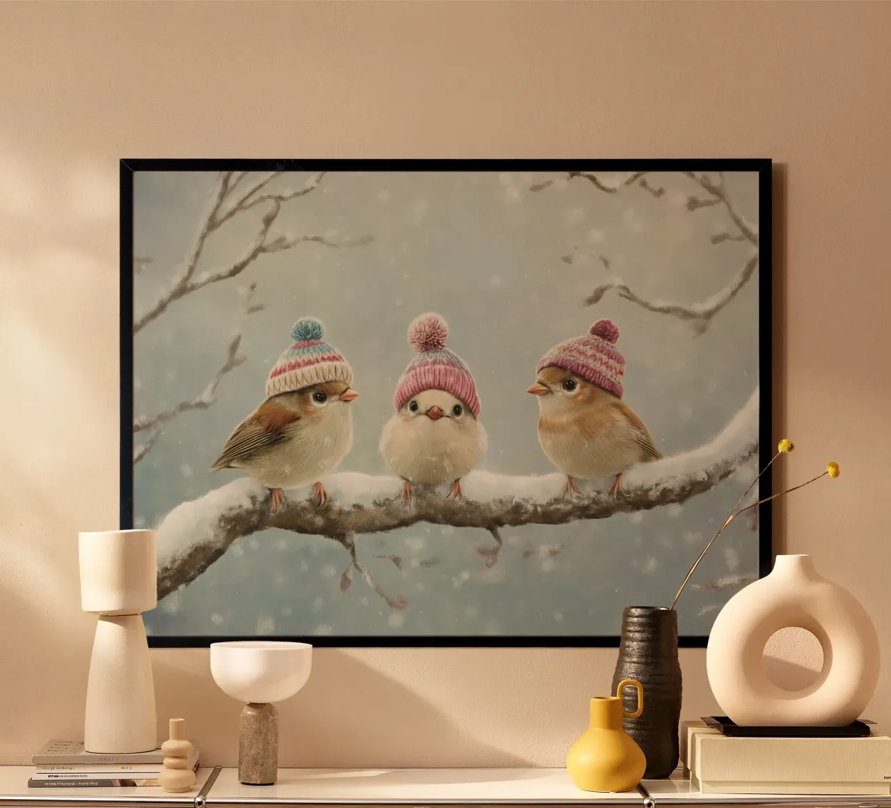 Stampa d'arte di uccelli invernali con cappelli - Accogliente decorazione animale poster da ClubArt